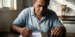 Homem preenche formulário com celular ao lado sobre aposentadoria em 2025.