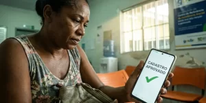 Mulher com celular exibindo 'Cadastro Aprovado' em ambiente público com cadeiras laranjas ao fundo