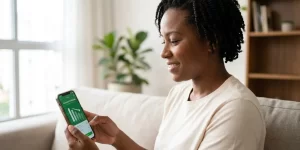 Mulher sorridente usa smartphone para acompanhar gráficos financeiros no sofá com plantas ao fundo.