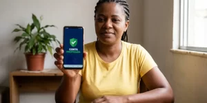 Mulher usando smartphone com tela exibindo 'Conta Protegida'.