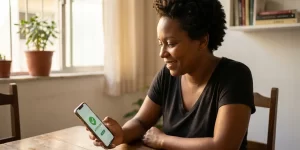 Mulher sorridente usando celular em ambiente acolhedor e moderno com plantas naturais.