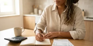 Mulher escrevendo contas ao lado de calculadora e café, verificando ID Jovem.