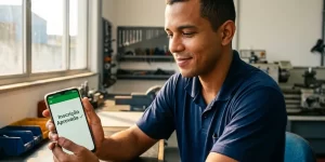 Homem em oficina sorrindo ao ver inscrição aprovada no celular