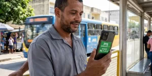 Homem sorridente confere informações sobre PIS no celular com ônibus ao fundo