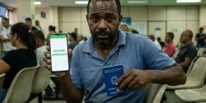 Homem em sala cheia segura celular com mensagem 'Seguro Aprovado' e carteira de trabalho.