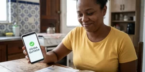 Mulher feliz segurando celular com 'DÍVIDA QUITADA' e documentos ao fundo