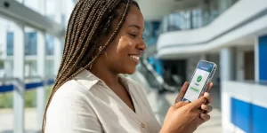 Mulher com cabelo trançado segura smartphone com confirmação de check-in em hospital inteligente