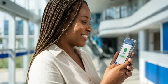 Mulher com cabelo trançado segura smartphone com confirmação de check-in em hospital inteligente