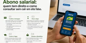Pessoa com smartphone na página CAIXA Abono Salarial gov.br