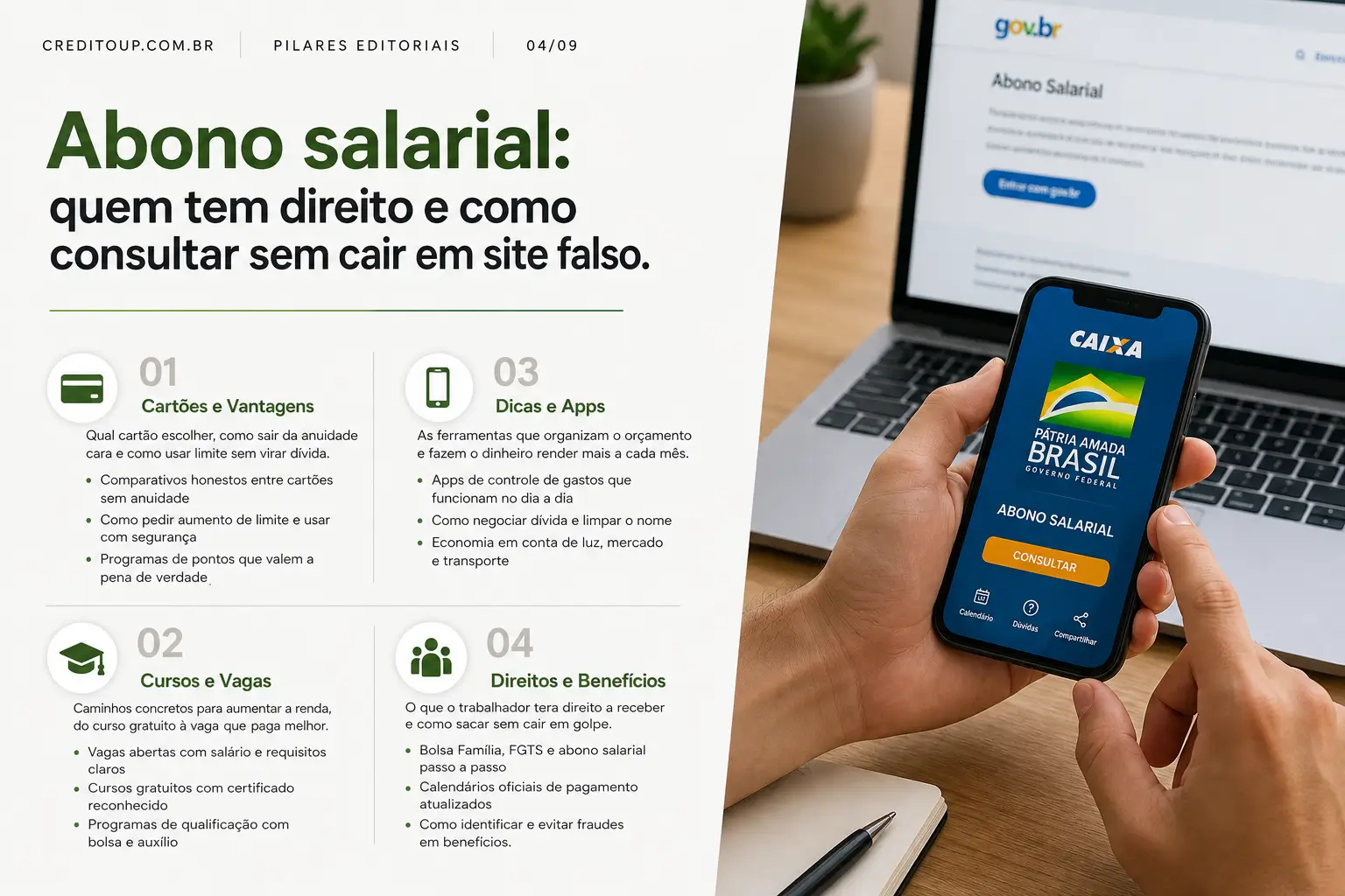 Pessoa com smartphone na página CAIXA Abono Salarial gov.br