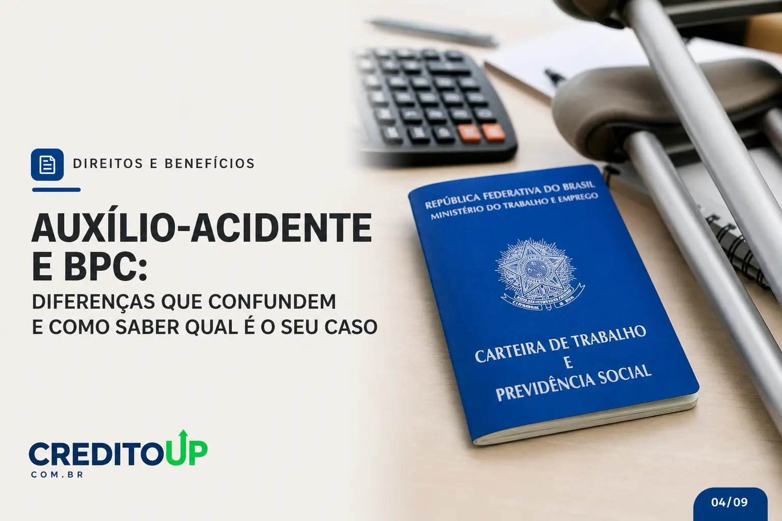 Carteira de Trabalho, calculadora e cartão destacando Auxílio-acidente e BPC no Brasil com marca CreditoUP
