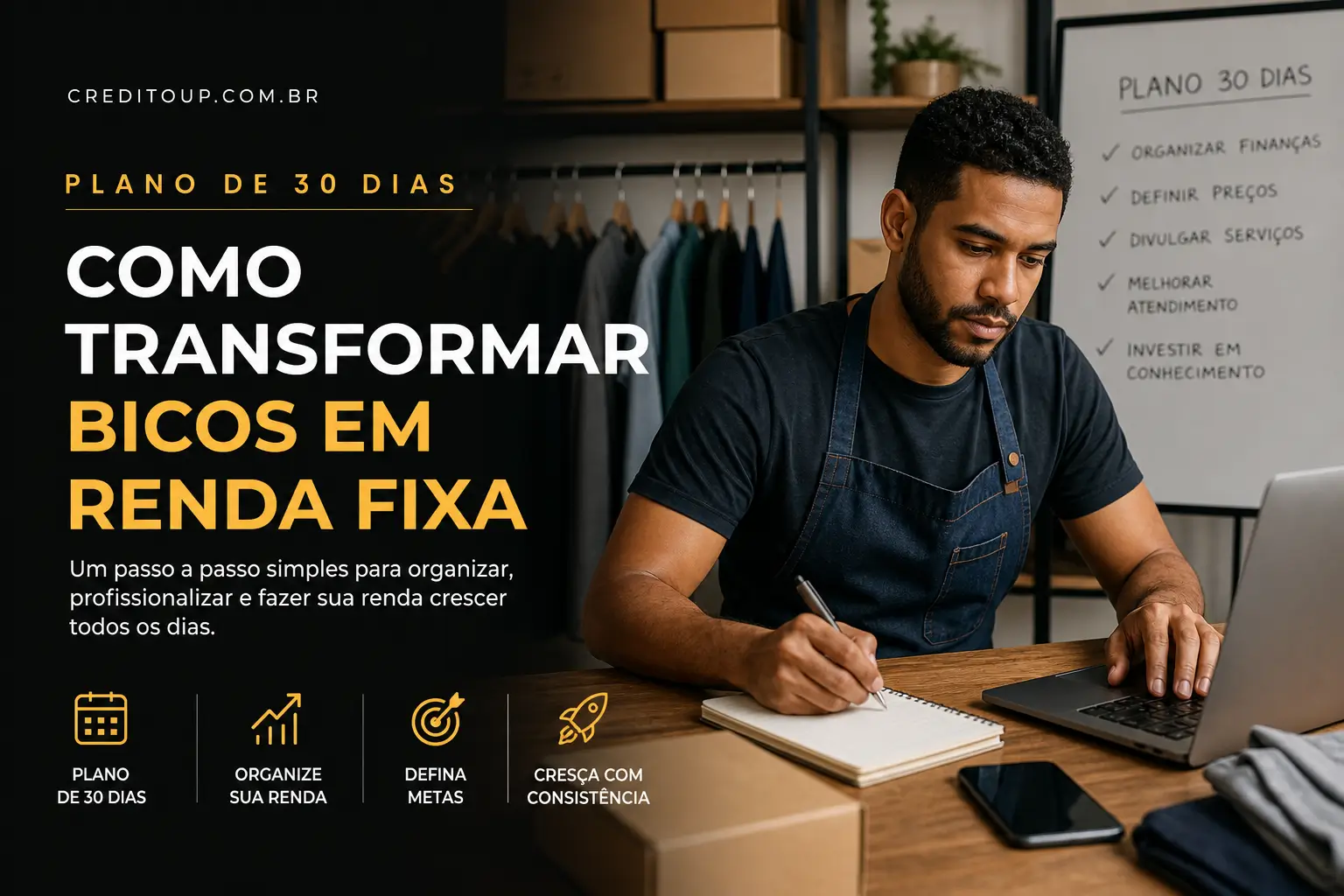 Homem planejando finanças com foco em transformar bicos em renda fixa