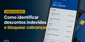 App Conta Salário mostrando saldo R$ 2.350 e bloqueio de cobranças