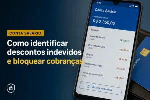 App Conta Salário mostrando saldo R$ 2.350 e bloqueio de cobranças