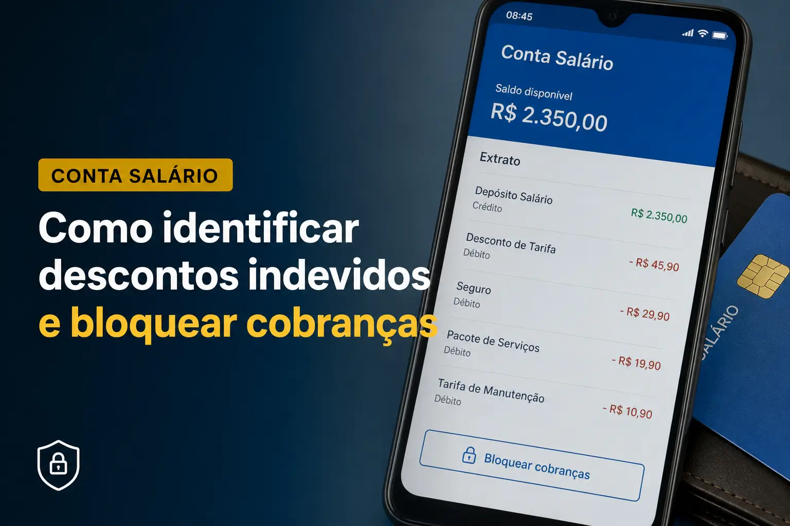 App Conta Salário mostrando saldo R$ 2.350 e bloqueio de cobranças