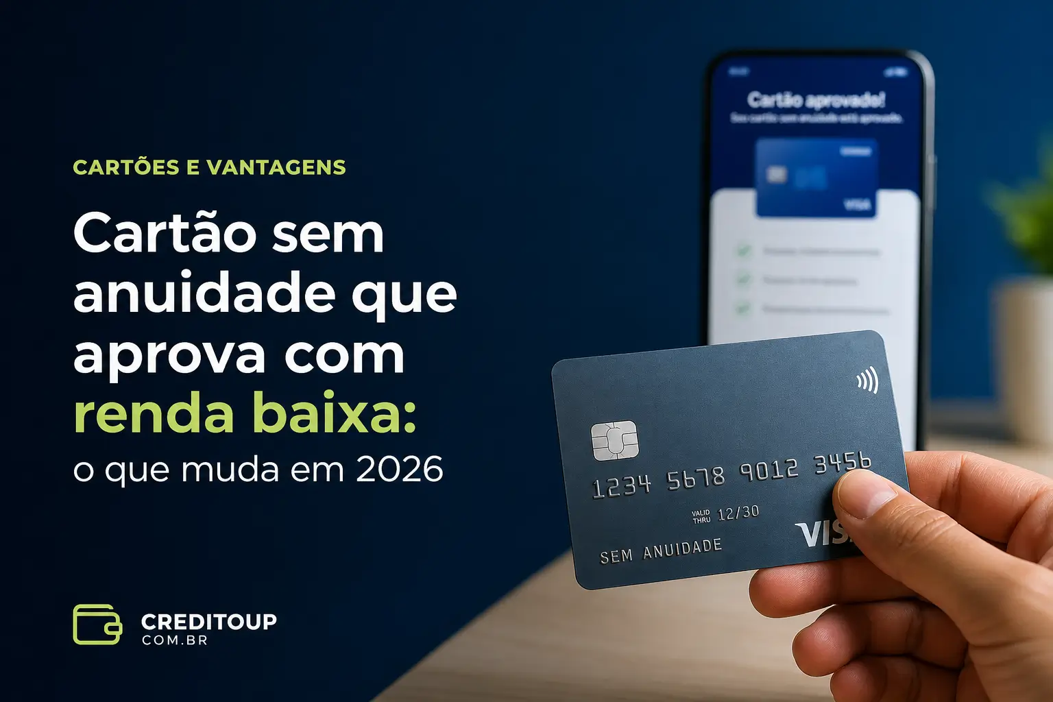 Cartão de crédito Visa com celular mostrando 'Cartão aprovado'