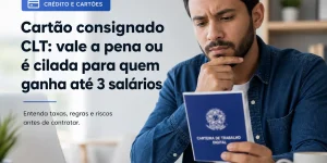 Jovem com laptop e Carteira de Trabalho Digital, dúvida sobre cartão consignado