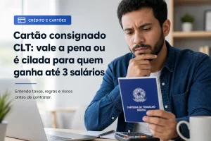 Jovem com laptop e Carteira de Trabalho Digital, dúvida sobre cartão consignado
