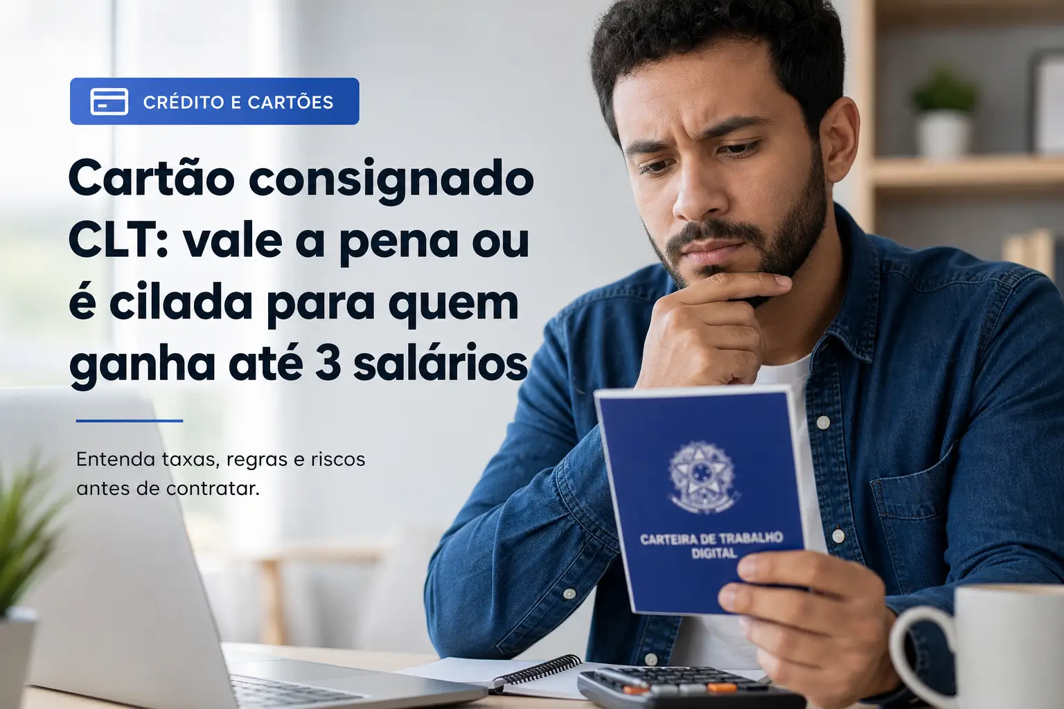 Jovem com laptop e Carteira de Trabalho Digital, dúvida sobre cartão consignado