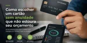 Mão segurando cartão de crédito preto SEM ANUIDADE com celular ao fundo