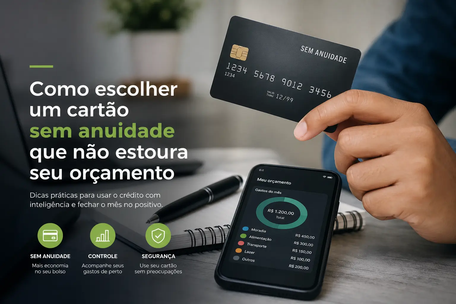 Mão segurando cartão de crédito preto SEM ANUIDADE com celular ao fundo