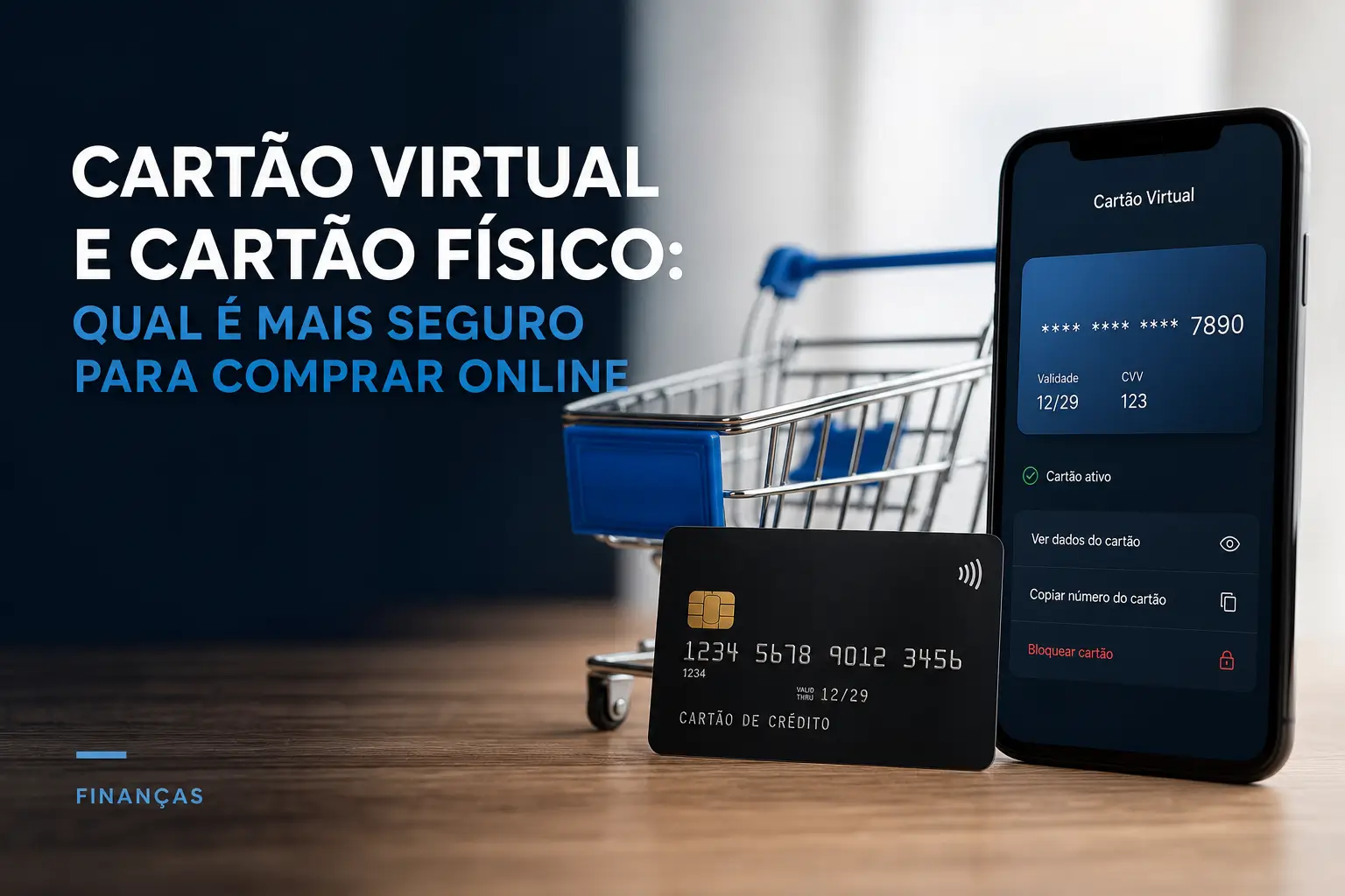 Carrinho de compras, cartão de crédito e app de cartão virtual