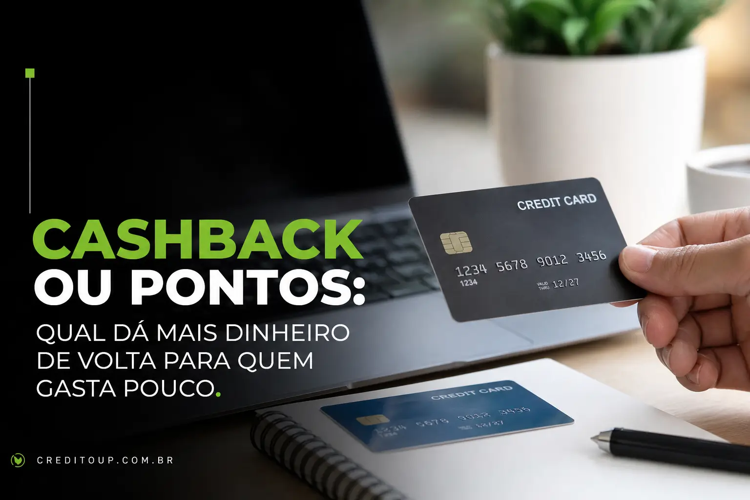 Pessoa segurando cartão de crédito em frente a laptop com planta ao fundo