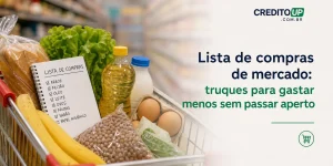 Carrinho de compras com alimentos e lista para economizar