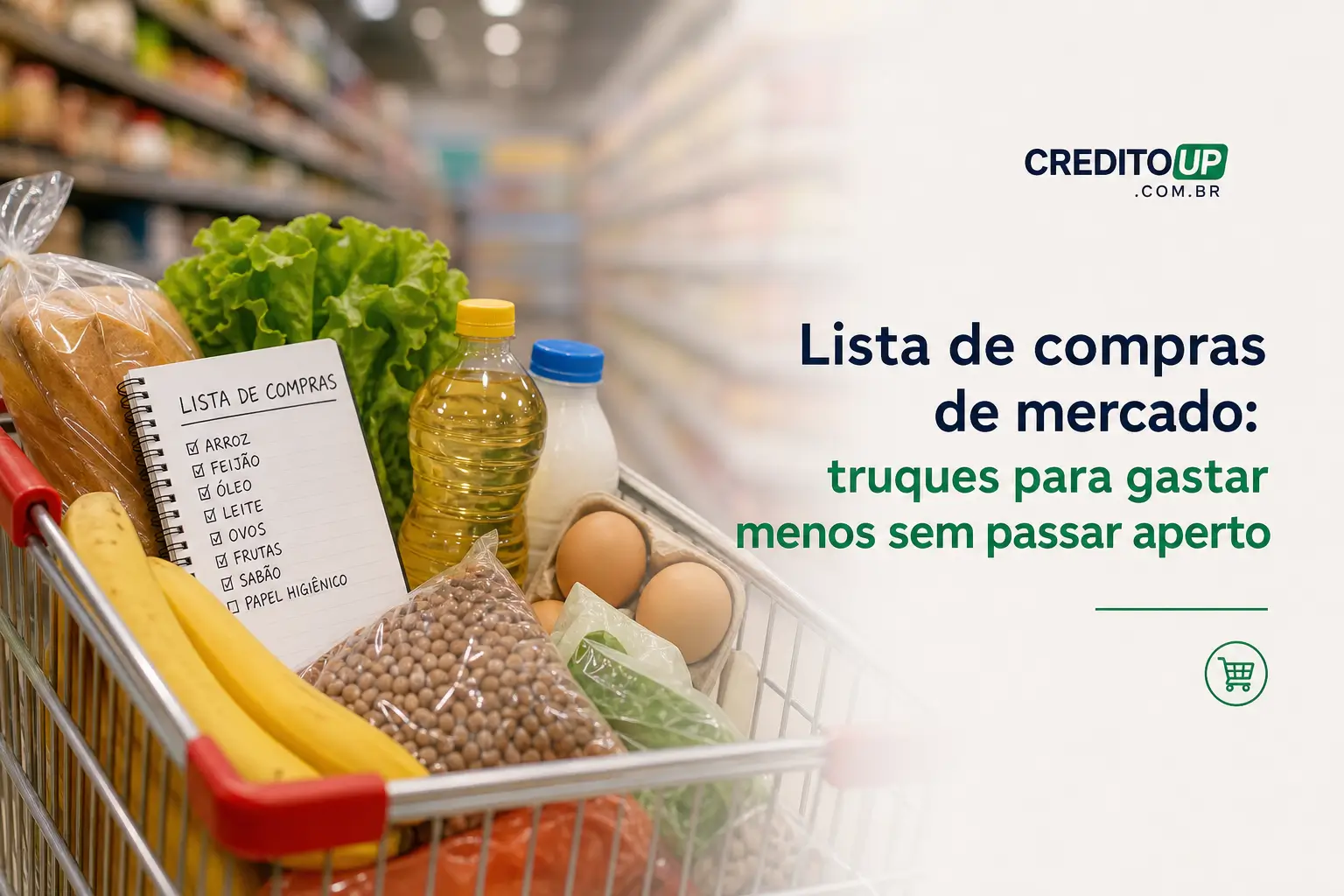 Carrinho de compras com alimentos e lista para economizar