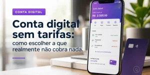 Smartphone com app de banco digital e cartão roxo sem tarifas