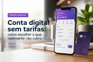 Smartphone com app de banco digital e cartão roxo sem tarifas