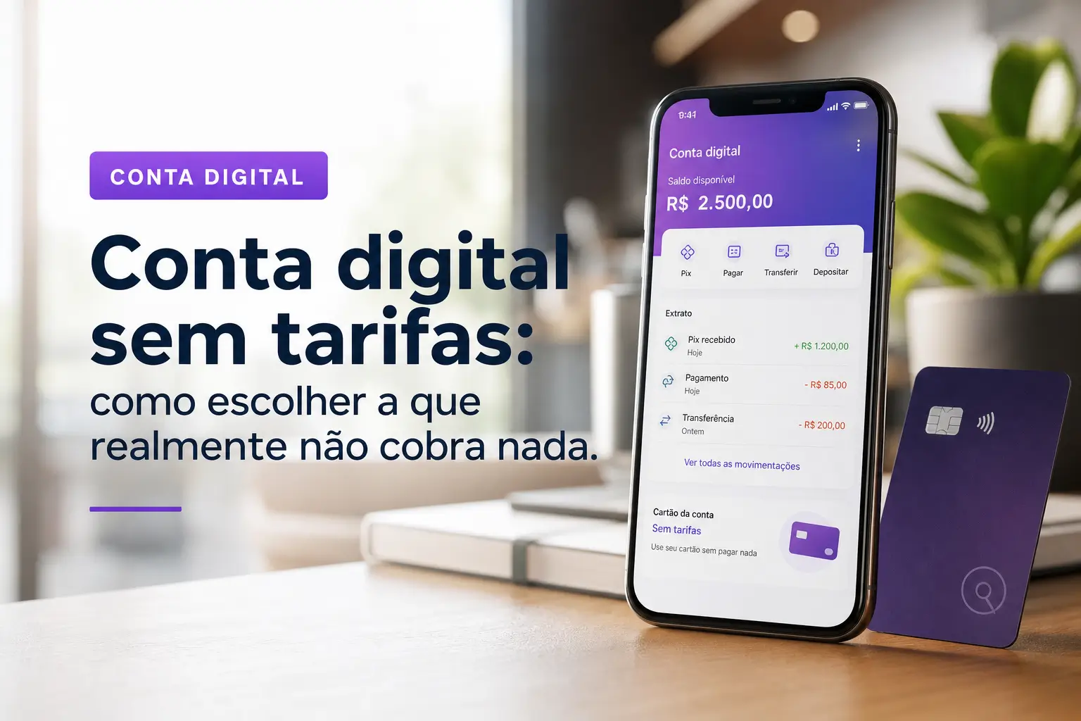 Smartphone com app de banco digital e cartão roxo sem tarifas