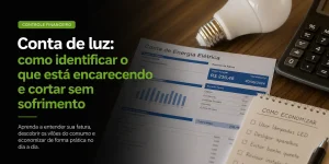 Fatura de energia com lâmpada e controle remoto sobre mesa de madeira