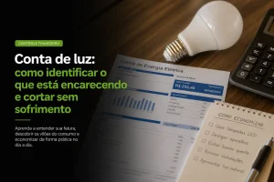 Fatura de energia com lâmpada e controle remoto sobre mesa de madeira