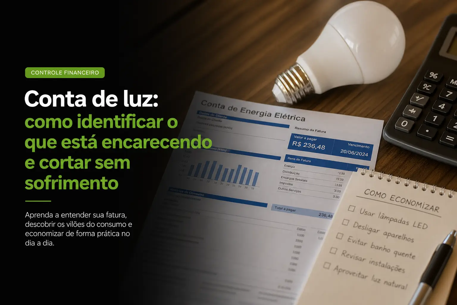 Fatura de energia com lâmpada e controle remoto sobre mesa de madeira