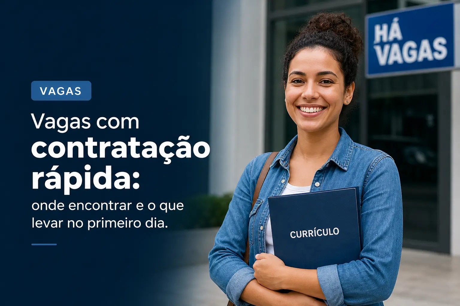 Jovem sorrindo em frente a prédio com currículo e texto sobre vagas