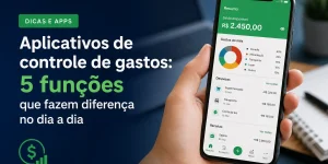 Smartphone com tela de finanças mostrando saldo e categorias de despesas