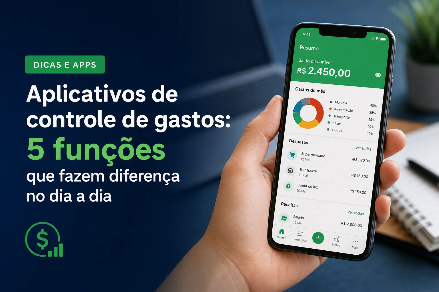 Smartphone com tela de finanças mostrando saldo e categorias de despesas
