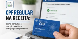 Pessoa segura cartão CPF azul em frente ao laptop Receita Federal