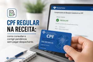 Pessoa segura cartão CPF azul em frente ao laptop Receita Federal