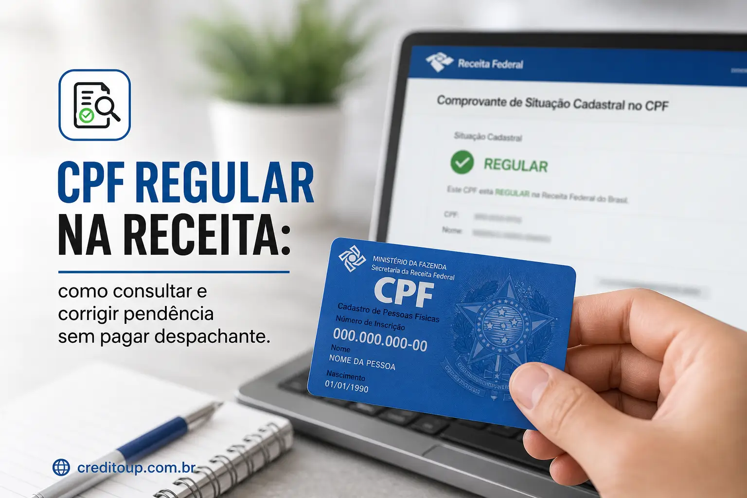 Pessoa segura cartão CPF azul em frente ao laptop Receita Federal