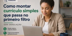 Mulher sorridente com laptop e café, dicas de currículos eficazes