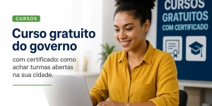 Mulher trabalhando em laptop com texto 'Curso gratuito do governo'