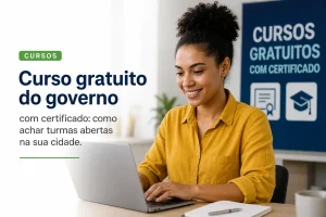 Mulher trabalhando em laptop com texto 'Curso gratuito do governo'