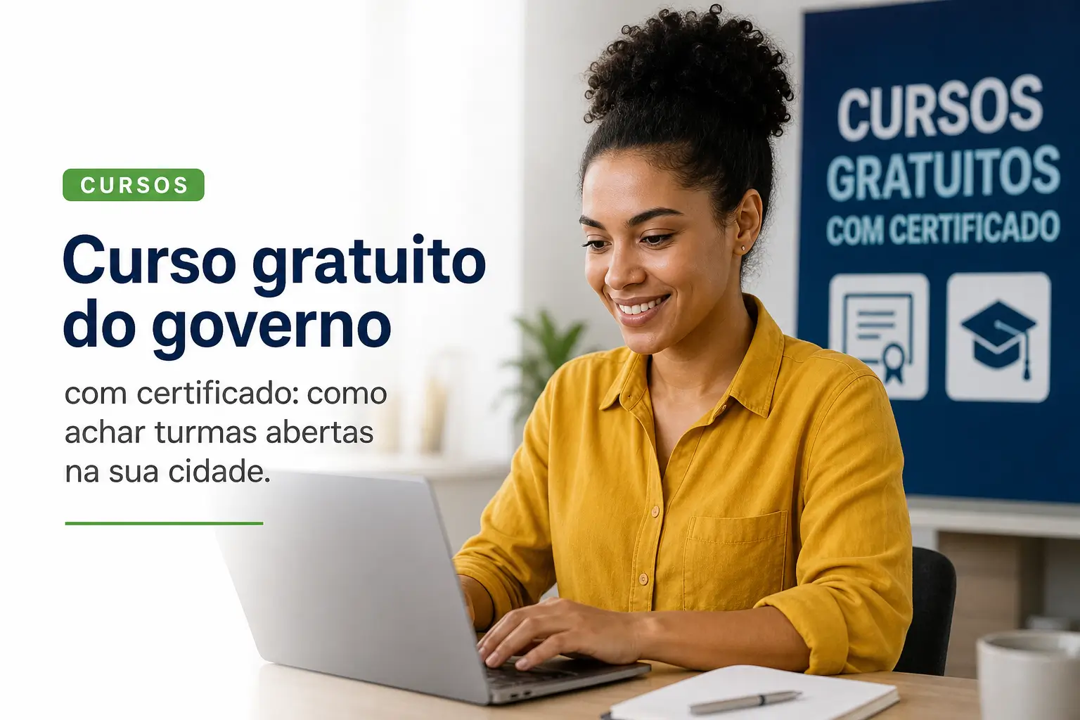 Mulher trabalhando em laptop com texto 'Curso gratuito do governo'