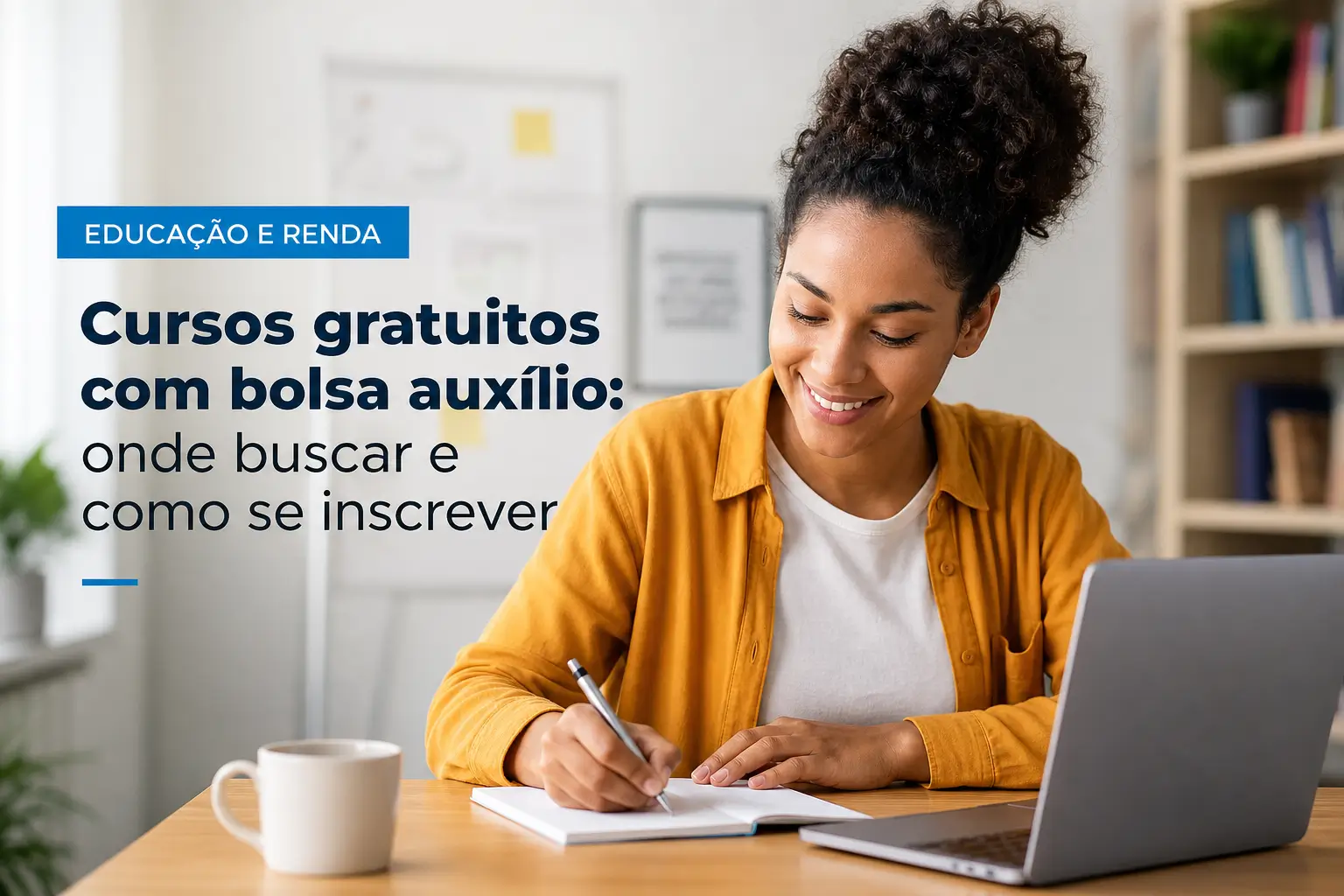 Mulher sorridente escrevendo em escritório com laptop