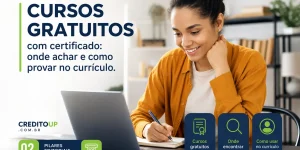 Mulher sorrindo no escritório escrevendo sobre cursos gratuitos