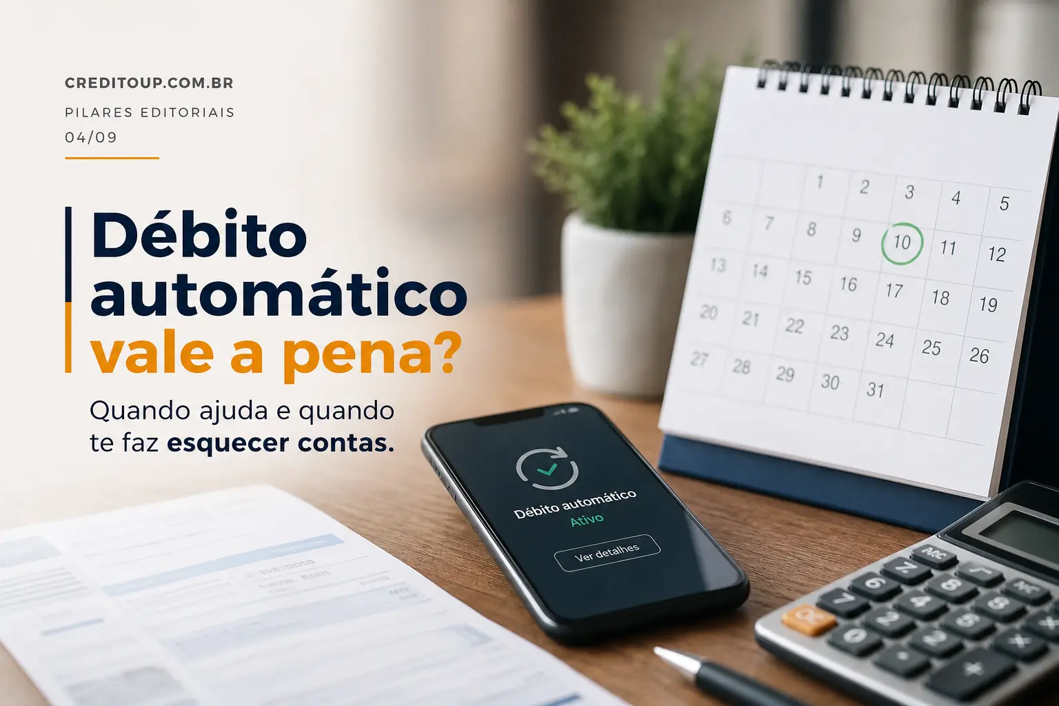 Smartphone com status de débito automático ativo na mesa