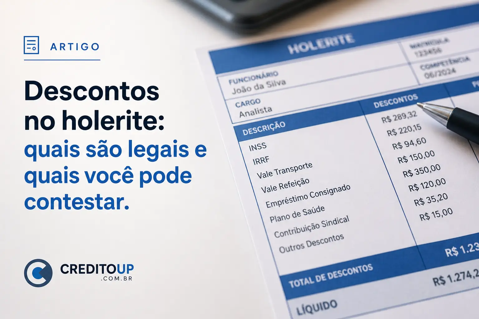Página sobre holerite destacando descontos legais e contestáveis