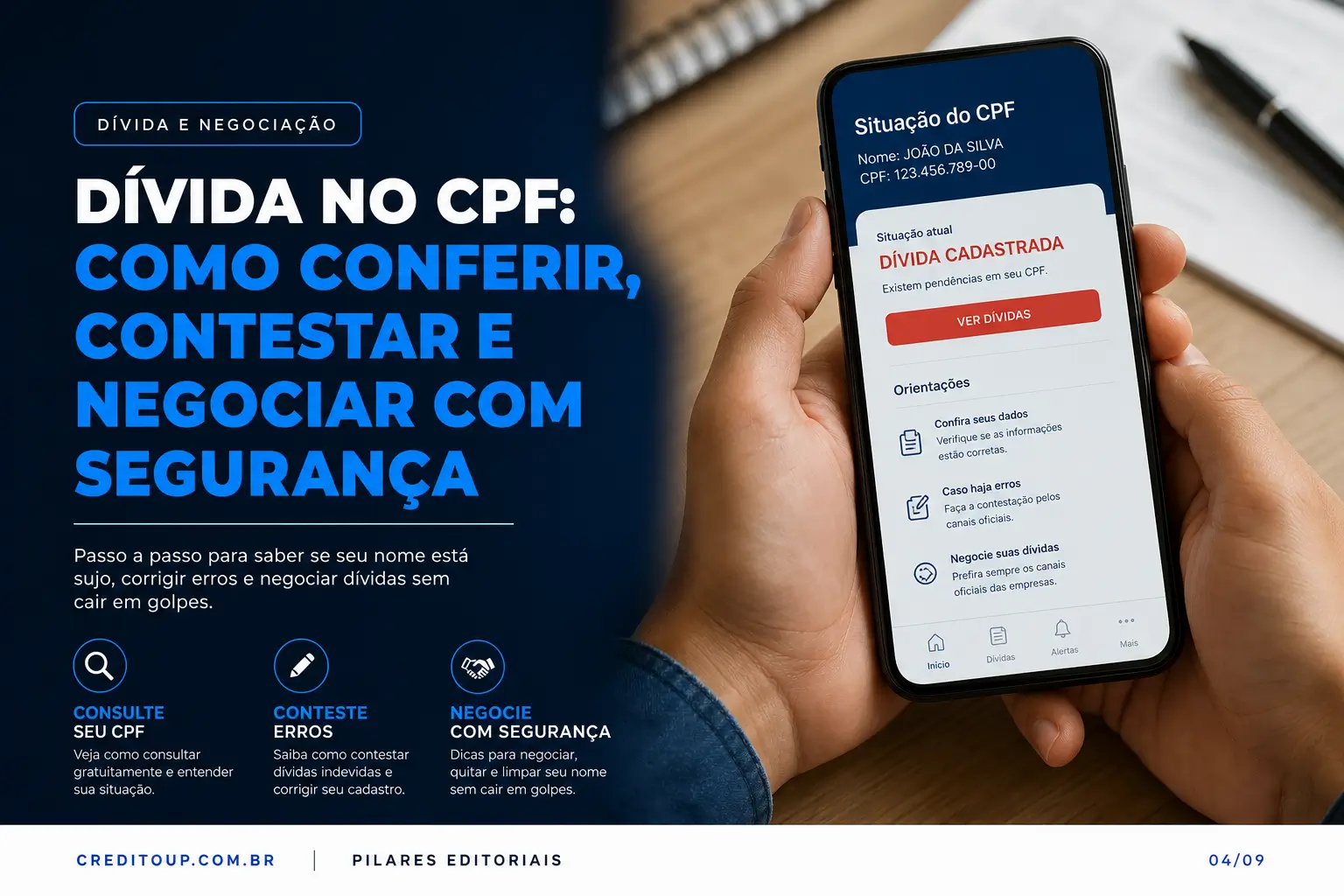 Mão segurando smartphone com Situação do CPF de João da Silva